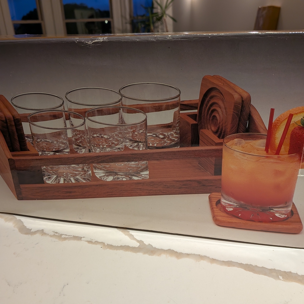 Teak Serving Tray, Glassware & Coasters Set